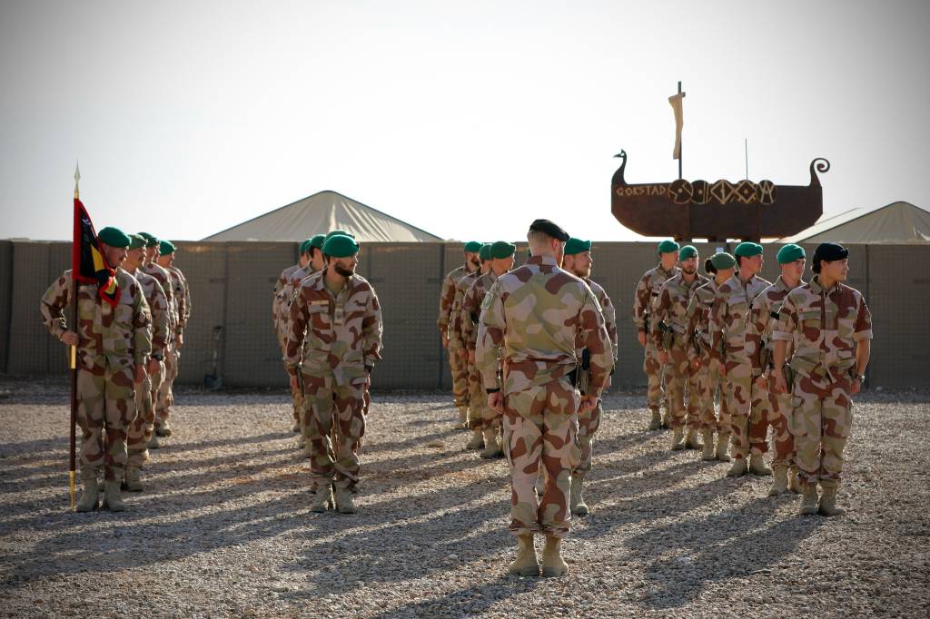 Norwegian Soldiers from Task Force Vikings conduct a transfer of authority ceremony Feb. 9, 2021 at Al Asad Air Base, Iraq. The ceremony welcomes a new group of Norwegian Soldiers to AAAB and passes on the responsibility of operations here. Combined Joint Task Force - Operation Inherent Resolve and its coalition partners remain united in the fight to defeat of Daesh. (U.S. Army National Guard photo by Staff Sgt. Armando Vasquez)
