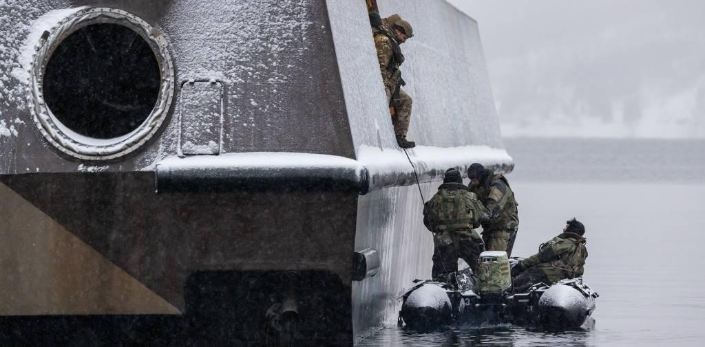 ROYAL MARINES WINTER DEPLOYMENT 2022 
Pictured are Royal Marine Landing Craft (LC) specialists of 47 Commando working with the Skjold-Class corvettes of the Royal Norwegian Navy during Winter Deployment 22 at Sorreisa, Norway.
The LCs conducted cross training with the Norwegians on-board HNoMS Steil and HNoMS Storm where they practised launch and recovery of Inflatable Raiding Craft which will be implemented during Ex Cold Response 22.

Royal Marines have deployed to Northern Norway to carry out their traditional winter deployment in the Arctic Circle. Commandos will refresh skills in surviving, moving and fighting across the ice. This year, Royal Navy ships will join Royal Marines for the large-scale Norwegian-led exercise Cold Response 22. This takes place in March and April with 28 nations and a total of 35,000 troops already committed to attending the exercise.