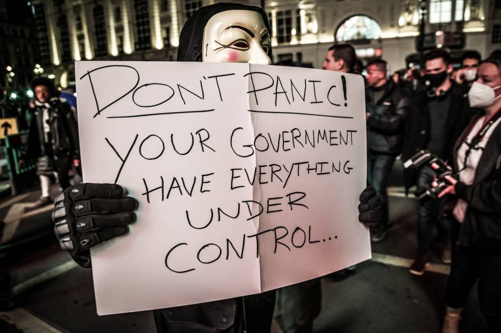Mandatory Credit: Photo by Guy Bell/Shutterstock (11002203q)The protest marches through the west end shouting freedom - The annual Million Mask Protest and V for Freedom Rallys in London are caught up with the Covid hoax, get up stand up protest movement. 'Lawful rebellion to protest the eroding of our liberties, censorship, masks and any other factors destroying our freedom of speech' merges with those protesting 'Years of political choas and abuse inflicted on the people by an elite establishment intent on lining their pockets' and with those against vaccinations, 5G and other issues.The annual Million Mask Protest and V for Freedom Rallys in London., Westminster, London, UK - 05 Nov 2020