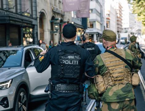 Politiet og soldater fra Sogn heimevernsområde i Oslo og Akershus heimevernsdistrikt 02 øver sammen på pågripelse og sikring av området i forbindelse med øvelse Hovedstad. 