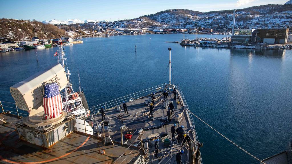 The Whidbey Island-class dock landing ship USS Gunston Hall (LSD 44), is moored in Harstad, Norway, for a port visit concluding its participation in Steadfast Defender 24, March 13, 2024. Steadfast Defender 2024, NATO’s largest exercise in decades, will demonstrate NATO’s ability to deploy forces rapidly from across the Alliance to reinforce the defense of Europe. (U.S. Navy photo by Mass Communication Specialist 1st Class Danielle Serocki)