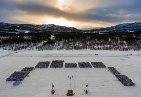 Brigade Nord oppstilt på Artillerisletta ved Setermoen leir, i anledning vinterøvelsen Joint Reindeer, søndag 11. mars 2018. // Brigade North parade.